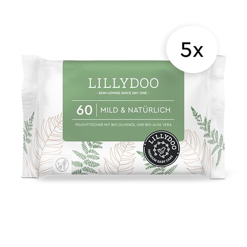 LILLYDOO Green Toallitas húmedas naturales, 5 paquetes de 60, 300 toallitas, 100% tejido sin plásticos y sin fragancias, FSC Mix