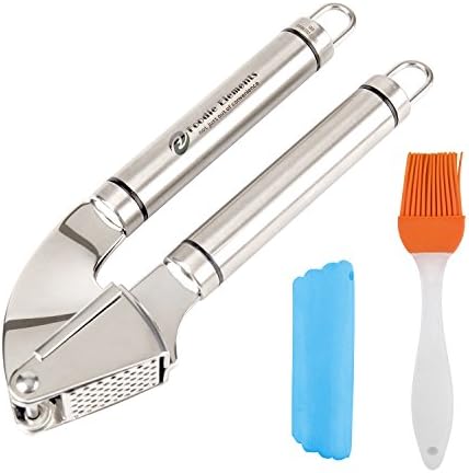 BeeChamp Stainless Steel Ginger Garlic Press Mincer with Silicone Garlic Tube Peeler Basting Brush