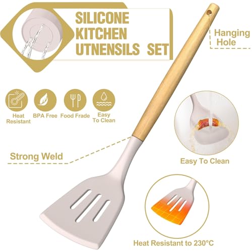 35Pcs Silicone Cooking Utensils Set, Kitchen Utensils Set, Chef Heat Resistant Kitchen Utensil Spatula Set for Nonstick Cookware, Wooden Handles Kitchen Gadgets Tools Set (Khaki)