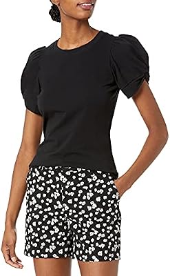 T-Shirt Girocollo a Maniche a Sbuffo, Vestibilità Classica Donna, Nero, S