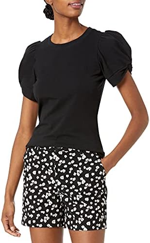 T-shirt à Col Rond et Manches Bouffantes, Coupe Classique Femme, Noir, S