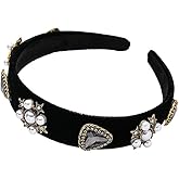 Leadigol Black Baroque Pearl Headband, Pearl Rhinestones Hairband Vintage Gemstone Pearl Velvet Head Hoop Headwear Hair Jewelry for Women Girl