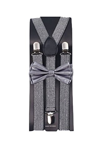 Silver Metallic Mens Bowtie Set Youth Bow Tie and Suspenders for Men Clip Suspenders