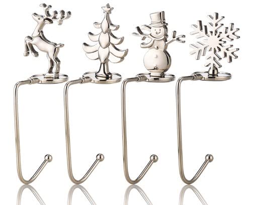 eBoutik - 4PCS Silver Christmas Weighted Stocking Holders, Chrome Hook Metal for Hanging Xmas Decorations for Table & Fireplace – Snowman, Snowflake, Tree, Reindeer