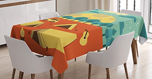 Camping Tablecloth Linen Decor Table Cover for Kitchen Dinning Room Rectangle Oblong Tablecloths 60 W X 140 L Inch, Refreshing Pastime with Tents Guitar and Fire in the Forest under a Starry Night