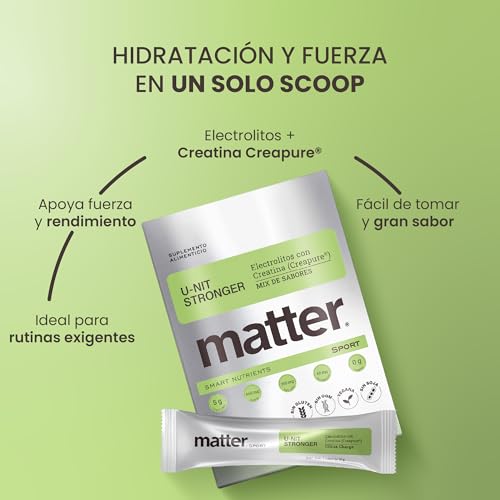 Matter U-nit Stronger, Electrolitos Sin Azucar Premium con Creatina Creapure®, Polvo para Mezclar, Hidratación y Rendimiento para Pre Entreno y Entrenamiento, Mix de Sabores, 1 Caja con 24 Porciones