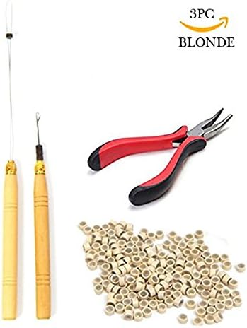 Fashion Icon 3 Pc Kit Hair Extension Tool for Micro Ring Link Hair and Feather Extensions:Pliers, Micro Pulling Needle, and Loop Threader With 100Pcs 5mm Micro Silicone Rings Beads(Blonde)