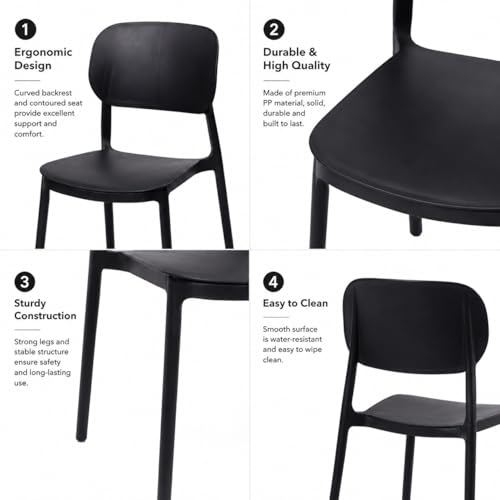 MARCOLO Como Chair, Modern Minimal Plastic Dining Chair, Ergonomic Curved Backrest, Lightweight & Durable Indoor/Outdoor Chair for Kitchen, Dining Room, Café & Patio (Black)