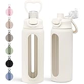 Glass Water Bottle with Silicone Sleeve 24oz with Lid, Motivational Time Marker, Drinking Hydration Glass Bottles for Men Women, Gym Travel Sports (Cream)
