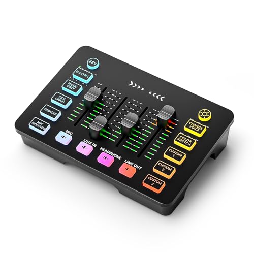 4-Channel XLR Audio Mixer with 48V Power - 6 Voice Effects, RGB Lighting, Mute, Individual Volume Control for Windows/macOS/Linux/DJ/Podcast/Streaming/Gaming