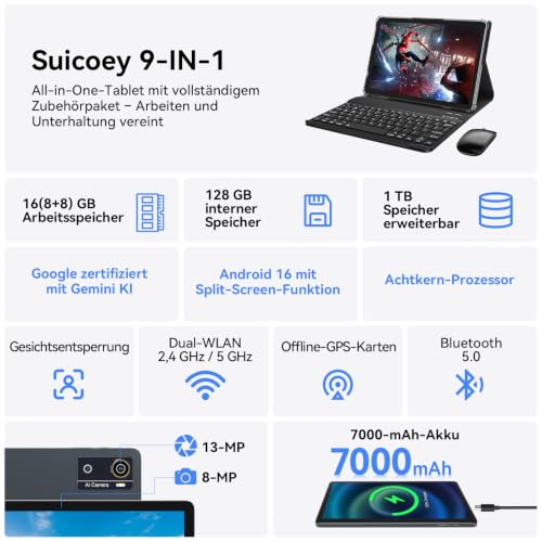 KADYBE Tablet 10.1 Inch Android 16 with 16GB RAM + 128GB ROM, Face Unlock, Tablet PC with Keyboard, Mouse & Stylus, 6000mAh Battery, WiFi 5, Bluetooth 5.0, GPS, HD Display - Business for Home