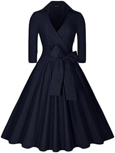 Hokny TD Women's Autumn Vintage V Neck Half Sleeve Bow Tit Swing Dress 1 XS