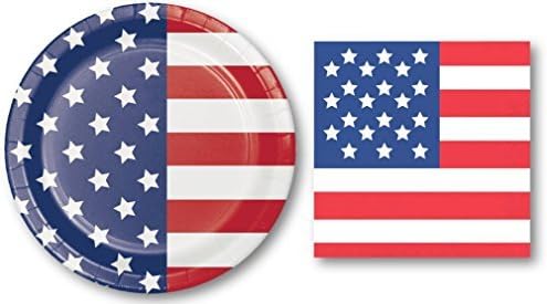 Patriotic USA Banquet [Heavy Duty] Plates and Napkins - Includes 20 Large Plates and 28 Napkins - Perfect for Memorial Day, Fourth of July, President's Day, Veteran's Days Set -