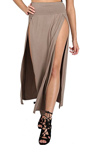 Oops Outlet Women's Front Double Split Slit High Waist Swing Skater Midi Skirt Plus Size (US 12/14) Mocha