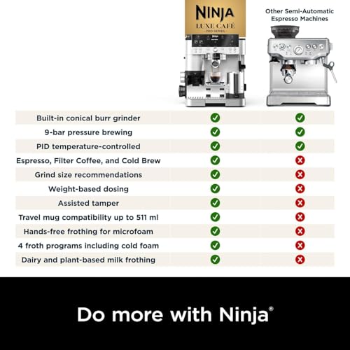 Ninja Luxe Premier ES601UK 3-in-1 Coffee Maker with Grinder and Frother for Latte, Cappuccino, Cold Brew & Espresso, Easy to Use, 4 Presets for Frothing, Silver, 2 Years Warranty