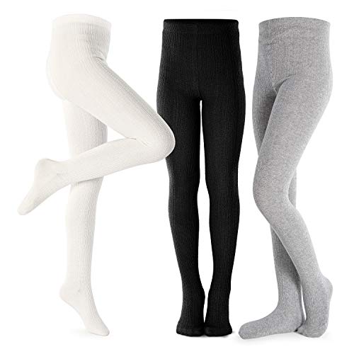 Girls Tights Toddler Cable Knit Cotton Footed Seamless Dance Ballet Baby Girls' Leggings 3 Pack Black/Ivory/Grey 3T-4T