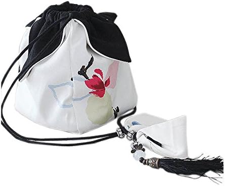 Catkit Chinese Style Lotus Printed Bag Tassels Drawstring Mini Bucket Tote Handbag