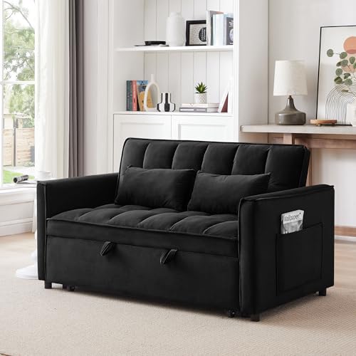 Photo 1 of (see all images) (truck/trailer pick up) Ginfids 52-Inch 3 in 1 Convertible Sofa Bed, Pull Out Couch, Modern Velvet Pillow for Living Room, Bedroom. (Black)