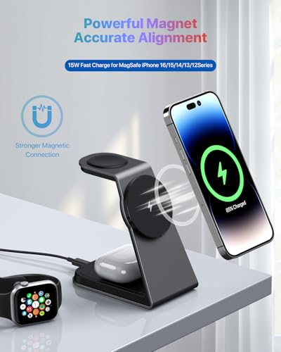 3 in 1 Wireless Charging Station for MagSafe,Aluminum Alloy Magnetic Wireless Charger,15W Fast for MagSafe Charger Stand Compatible with iPhone 17/16/15/14/13,for Apple Watch,for AirPods