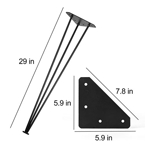 3S 28" Three-Rod Heavy Duty Hairpin Legs 1/2 Set of 4 Table Legs, Satin Black, Metal Legs, Screws Included