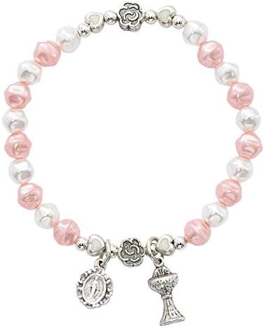 My First Communion White and Pink Bead Charm Bracelet with Flower and Heart Beads