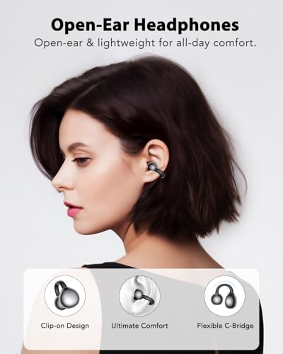 Clip on Bluetooth Earphones Open Ear Earbuds, Air Conduction Wireless Headphones, Ultra-Comfort, Lightweight, Clear Calls, IPX5 Waterproof, with Mic for Phone Sports Workout, Black
