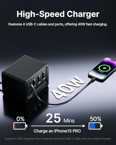 Gitryin 12-in-1 Desktop Charging Station with 4 Retractable Type-C Wall Chargers, 40W USB-C Power Strip with Flat Plug, Extension Cord with 1020J Surge Protection for Home Office Office