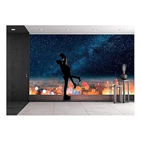Silhouette of Asian Couple, Man Hold His Girlfriend Up Above The City in Night Under Stars. - Removable Wall Mural | Self-Adhesive Large Wallpaper - 66x96 inches