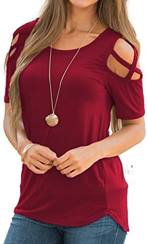 Qingre Women T-shirt Short Sleeves Criss Cross Strapless Round Neck Tunic Top Plain Sexy Tee Trendy Tops Blouses Winered M