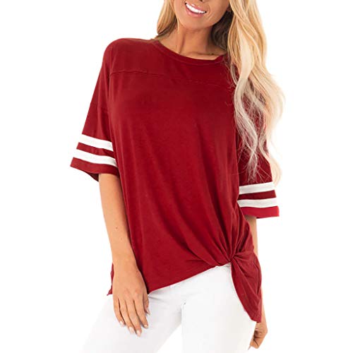 Moilant Women Summer Casual Short Sleeve Tunics Striped T-Shirt O-Neck Shirts Tops Blouse Red