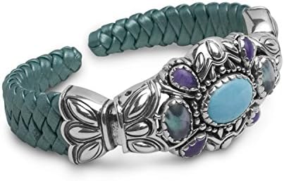 Sterling Silver Multi Gemstone Teal Leather Cuff Bracelet