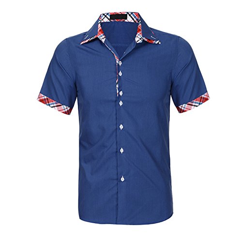 Ximandi Men's Summer Double Collar Slim Patchwork Short Sleeved T-Shirt Top Blouse Blue - Thumbnail 3