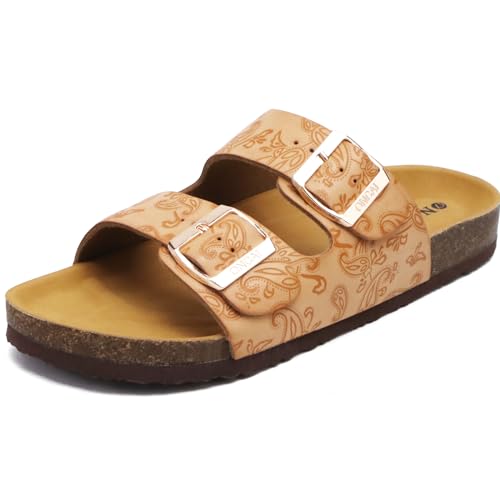 417QM9whbWL Oncai Damen Pantoletten Bequeme Hausschuhe Mit Kork-Fußbett Suede Kork-Fußbett Sandalen Mit Verstellbarer Rieme Floral Beige 40 Eu