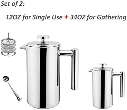 Highwin Small Stainless Steel French Press - 3 Cups Coffee Plunger Press Pot Best Tea Brewer &amp; Maker - Double Walled. Unique Dual-Filter. Individual Serving (#4 Set of 2 (12OZ + 34OZ))