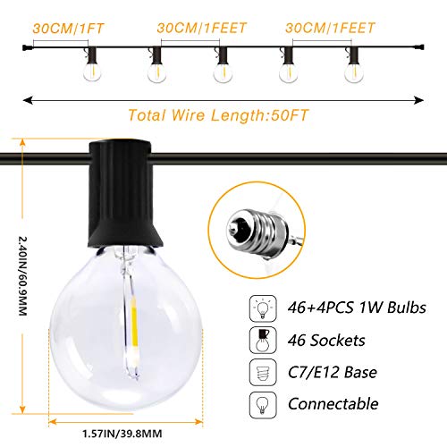 LangPlus+ Outdoor String Lights Mains Powered, 50FT Waterproof Festoon Lights with 46PCS E12 Sockets, 46+4 G40 LED Globe Bulbs(4 Spare), Shatterproof Patio Light for Festival Party Christmas Birthday