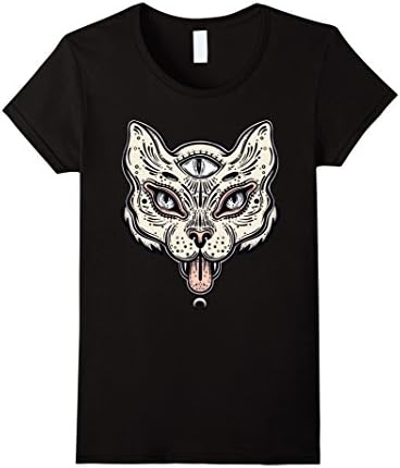 Womens Mystic Wild Cat Tshirt - Psychedelic Occult - Third Eye Tee Medium Black