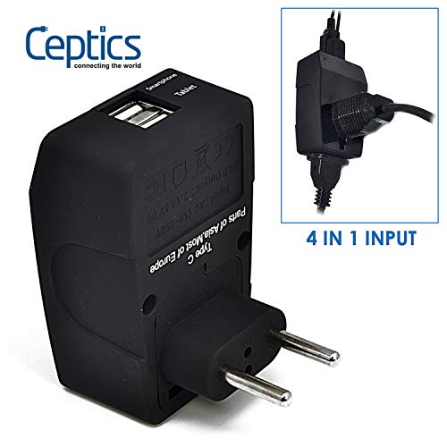 Ceptics 2 USB Europe Travel Adapter 4 in 1 Power Plug (Type C) - Universal Socket - GP4-9C - (Does Not Convert Voltage)
