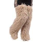 YFJNV Black Thigh High Fur Boots, Over the Knee Fluffy High Boots, Tall Furry shoes for Women