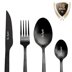 Zinello Design – Cubertería de acero inoxidable negro mate para 4 personas. Juego de cubiertos de mesa personalizados de 16 piezas de acero inoxidable «Buen apetito». Presentación Caja de regalo