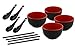 Kovot Set of 4 Japanese Style Miso Soup, Ramen Noodle Ceramic Bowls - 20 oz with Spoons and Chopsticks - Black with Red Interior