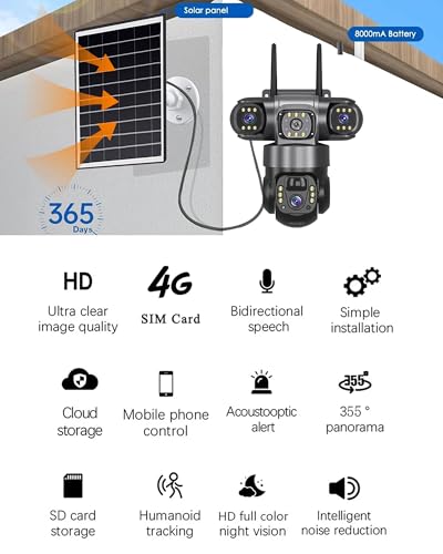 Solar Camera 4G Sim Outdoor 3 Lens 3 Screen 10X Zoom PIR Human Detect Cameras Waterproof Night Vision CCTV Security Protection