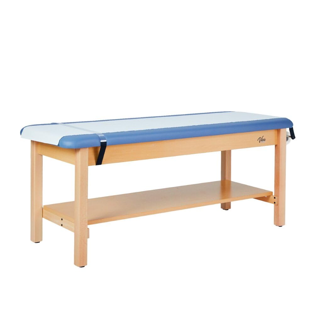 Photo 1 of Vivacomfort Aristo H-Brace Wooden Flat Treatment Table with Shelf, 500 lbs Weight Capacity, Blue