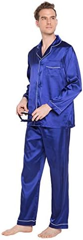 Like2Sea Silky Satin Pajamas for Men, Long Button-Down PJ Set with Mask, Blue L