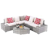 Do4U 6 Pieces Outdoor Patio Furniture Sectional Conversation Set, All-Weather Wicker Rattan Sofa Beige Seat & Back Cushions (3506-PGRY-BEG)