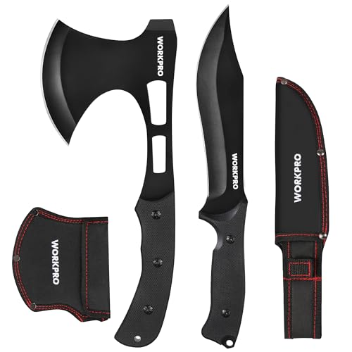WORKPRO Hunting Knife and Hatchet Axe Combo Set Full Tang Fixed Blade