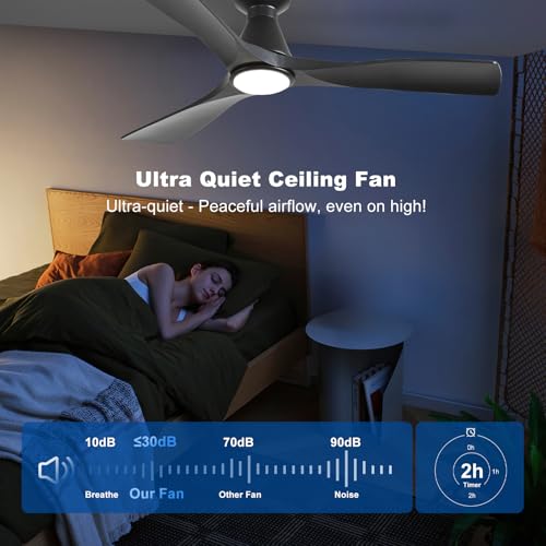 Depuley 52 Inch Ceiling Fans with Lights: Low Profile Recessed Black Ceiling Fan - Silent and Dimmable DC Motor Fan with Remote Control APP Timer