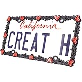 Creathome 3D Shining Daisy Heart License Plate Frame from Pure Zinc Alloy Metal Perfect Plate Holder, Matt Black with Red Glitter, Luminously Heart
