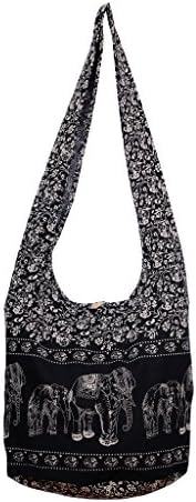 Avarada Thai Cotton Hippie Hobo Sling Crossbody Bag Messenger Purse Bohemian Print Elephant Small Black