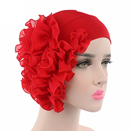 Sunyastor Summer Women Flower Cancer Chemo Hat Beanie Scarf Turban Head Wrap Cap Headband Shower Cap (Red, One Size)
