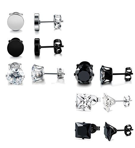 FUNRUN JEWELRY 6 Pairs Stainless Steel Stud Earrings for Men Women CZ Round Earrings Black 7mm - Thumbnail 2